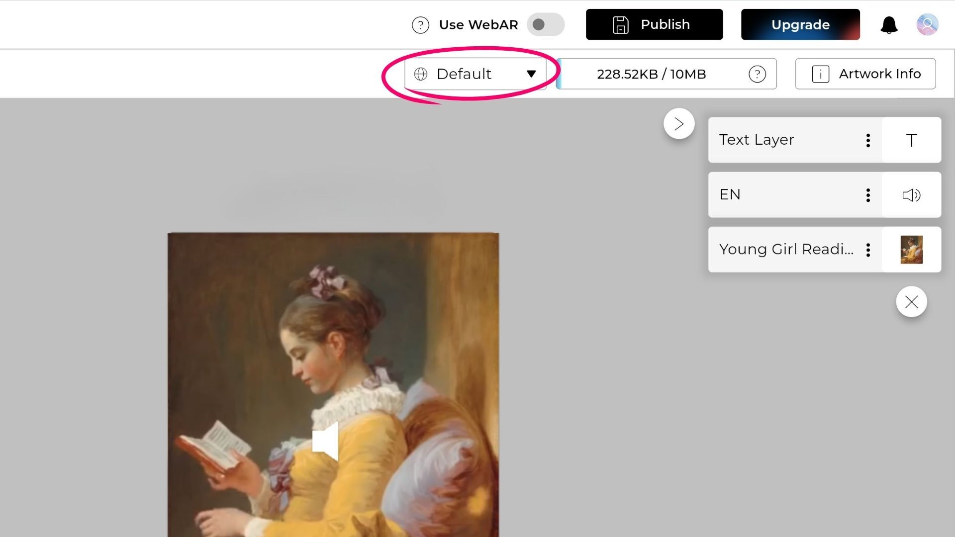 Artivive Editor top bar showing the language dropdown button with a default language selected