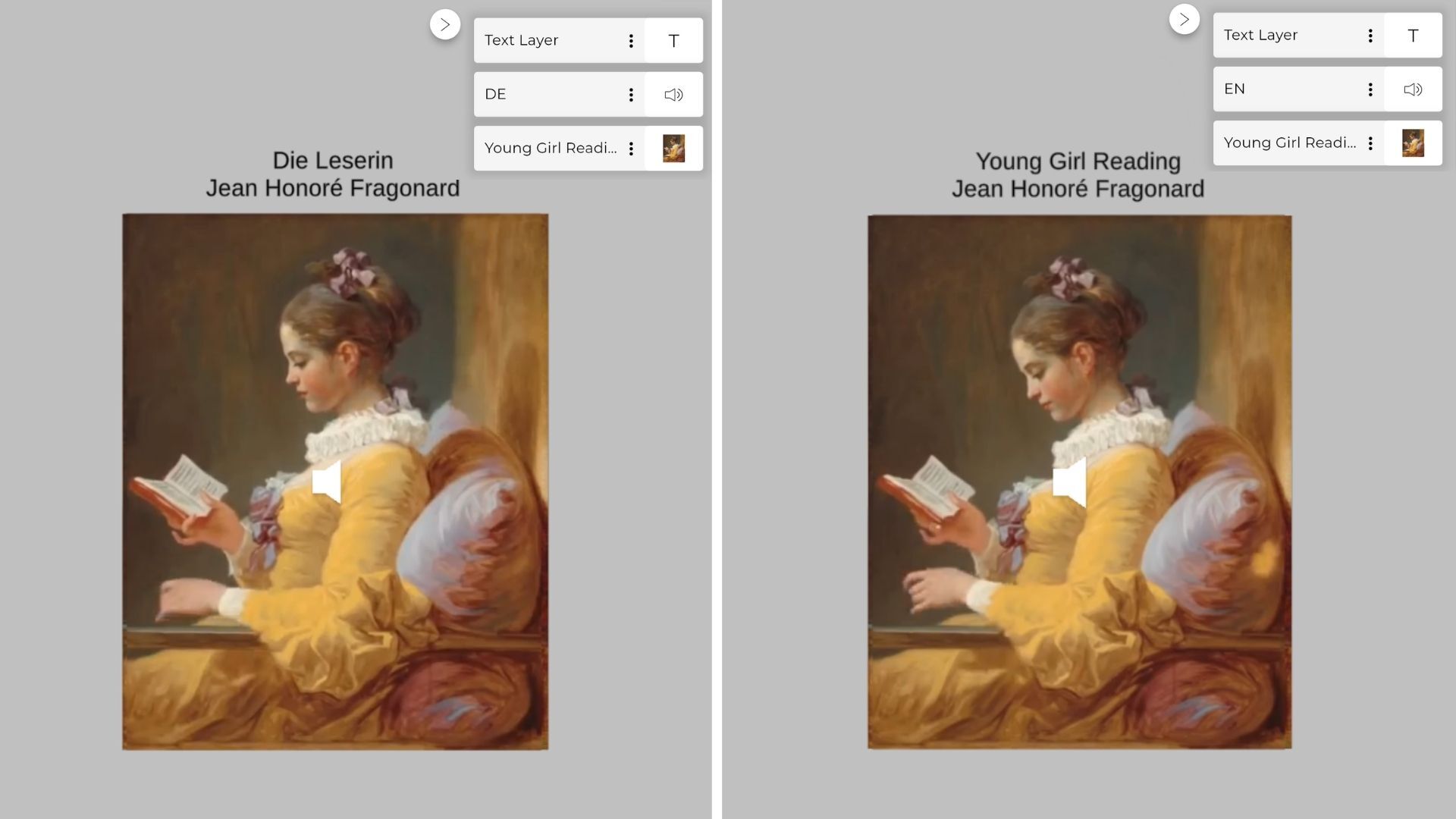 The same artwork shown with its German title Die Leserin and English title Young Girl Reading