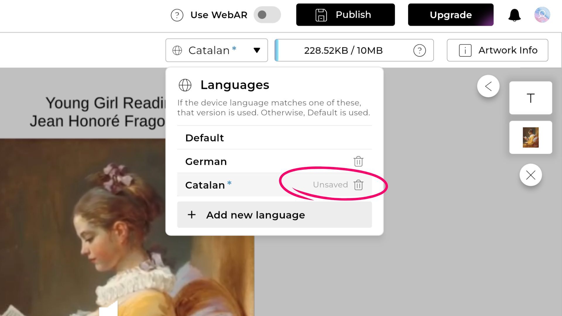 Languages dropdown listing Default, German and a newly added language marked as unsaved